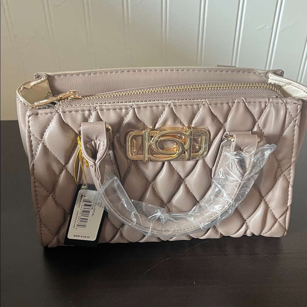 Bebe Quilted Tan Crossbody Bag with Gold Accents